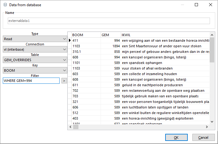 Filled database dialog
