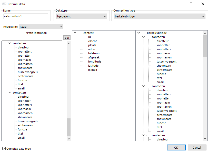 External data dialog with 'Complex data type' checked