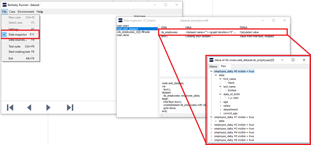 Inspecting a data set with the data inspector