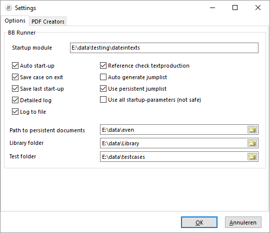Settings: the Options tab