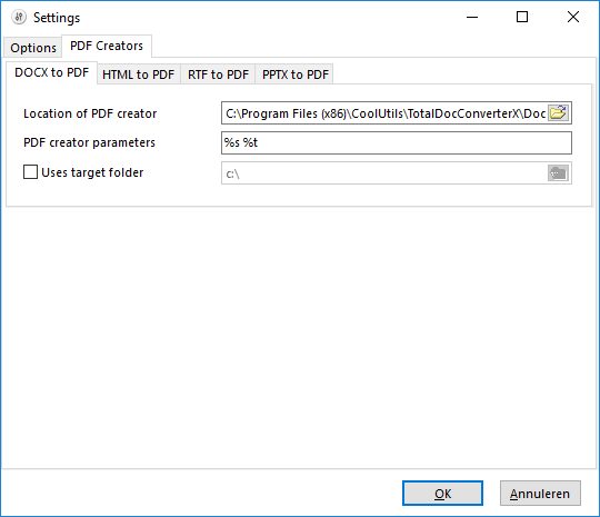 Settings: the PDF Creators tab